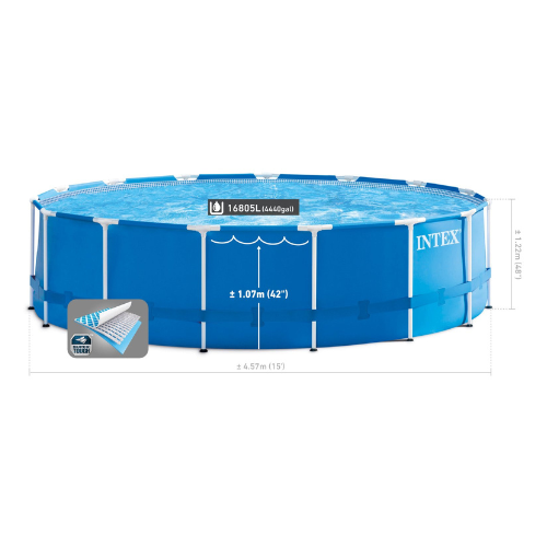 Intex Metal Frame 15' x 48" Round Above Ground Swimming Pool Set with Filter Pump, Ladder, and Cover with Maintenance Accessory Vacuum and Skimmer Kit