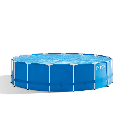 Intex Metal Frame 15' x 48" Round Above Ground Swimming Pool Set with Filter Pump, Ladder, and Cover with Maintenance Accessory Vacuum and Skimmer Kit