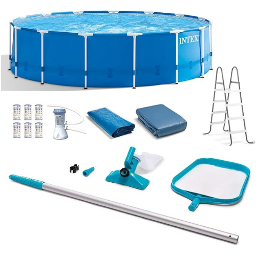 Intex Metal Frame 15' x 48" Round Above Ground Swimming Pool Set with Filter Pump, Ladder, and Cover with Maintenance Accessory Vacuum and Skimmer Kit