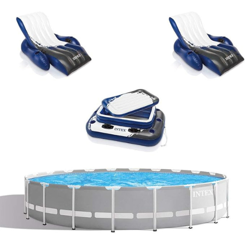 Intex 20ft x 52in Outdoor Prism Frame Above Ground Swimming Pool Set with Cartridge Filter Pump, 2 Lounger Float Chairs and Inflatable Cooler with Lid