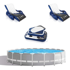 Intex 20ft x 52in Outdoor Prism Frame Above Ground Swimming Pool Set with Cartridge Filter Pump, 2 Lounger Float Chairs and Inflatable Cooler with Lid